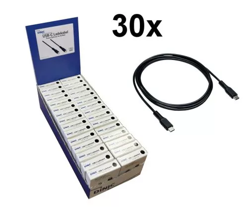 30x Cable de carga USB C a C de 1,50 m, negro, en expositor de mostrador DINIC